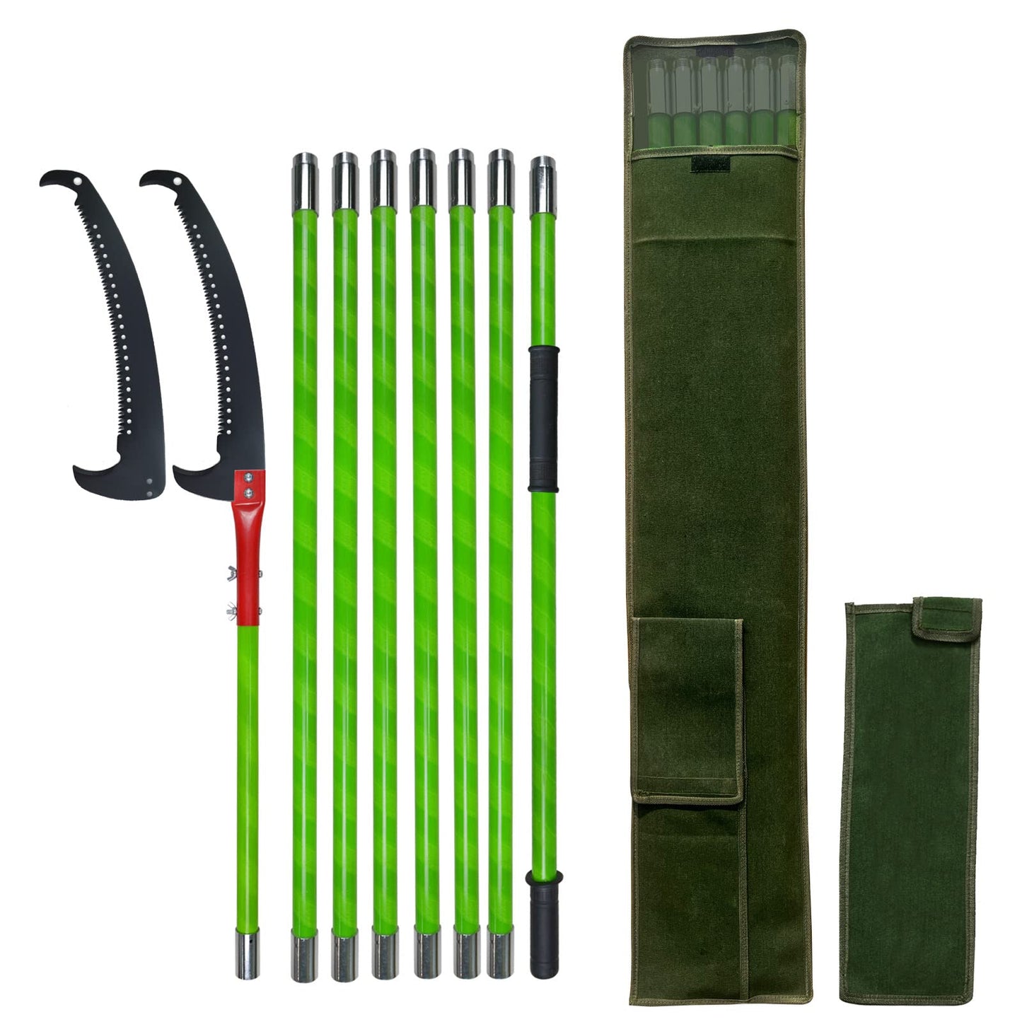 8m telescopic tree pruner with adjustable length handsaw, cuts cleanly and quickly for high branches. Includes carrying bag for easy transport. Great tool for garden maintenance.