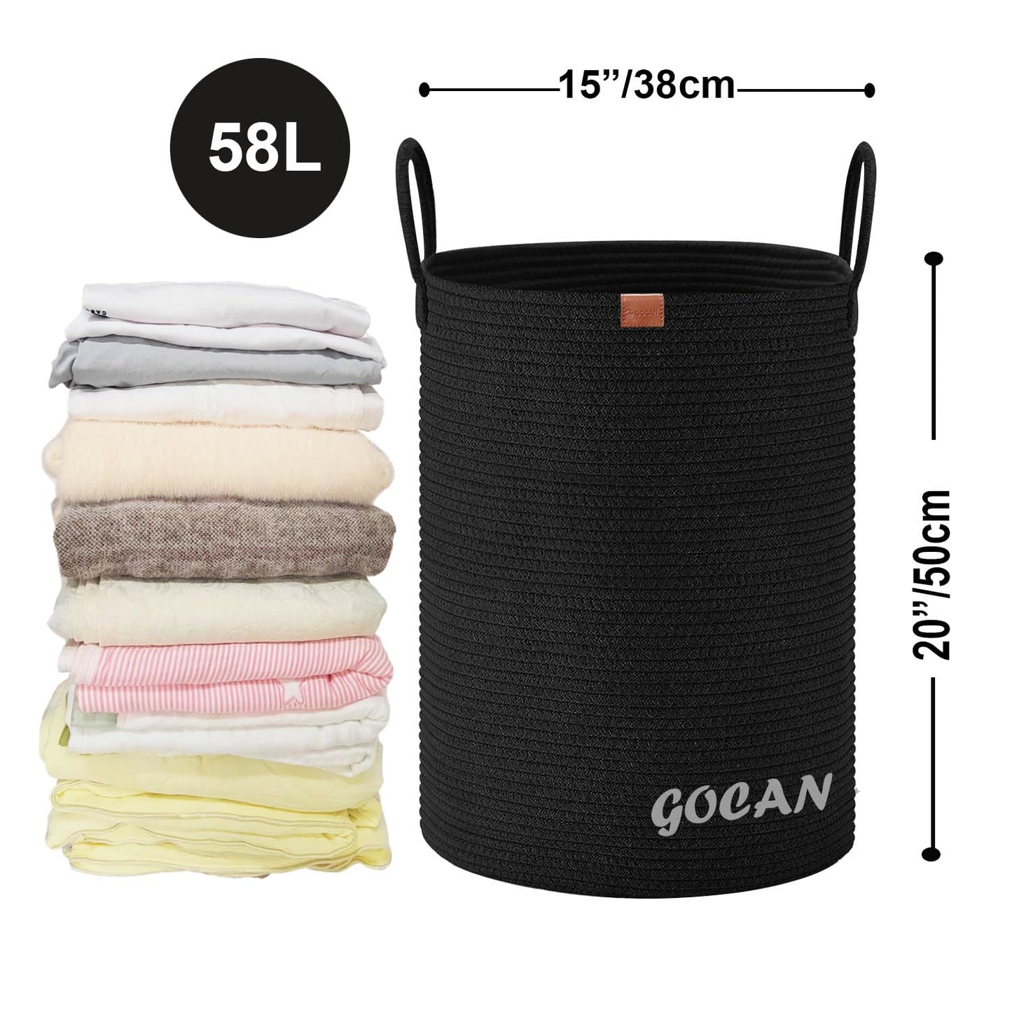 GOCAN Large High Sturdy Laundry Hamper Basket Woven Storage Baskets for Clothes Pillows Blankets Toys in Living or Bedroom Decoration H50XT38cm Black