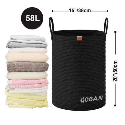 GOCAN Large High Sturdy Laundry Hamper Basket Woven Storage Baskets for Clothes Pillows Blankets Toys in Living or Bedroom Decoration H50XT38cm Black