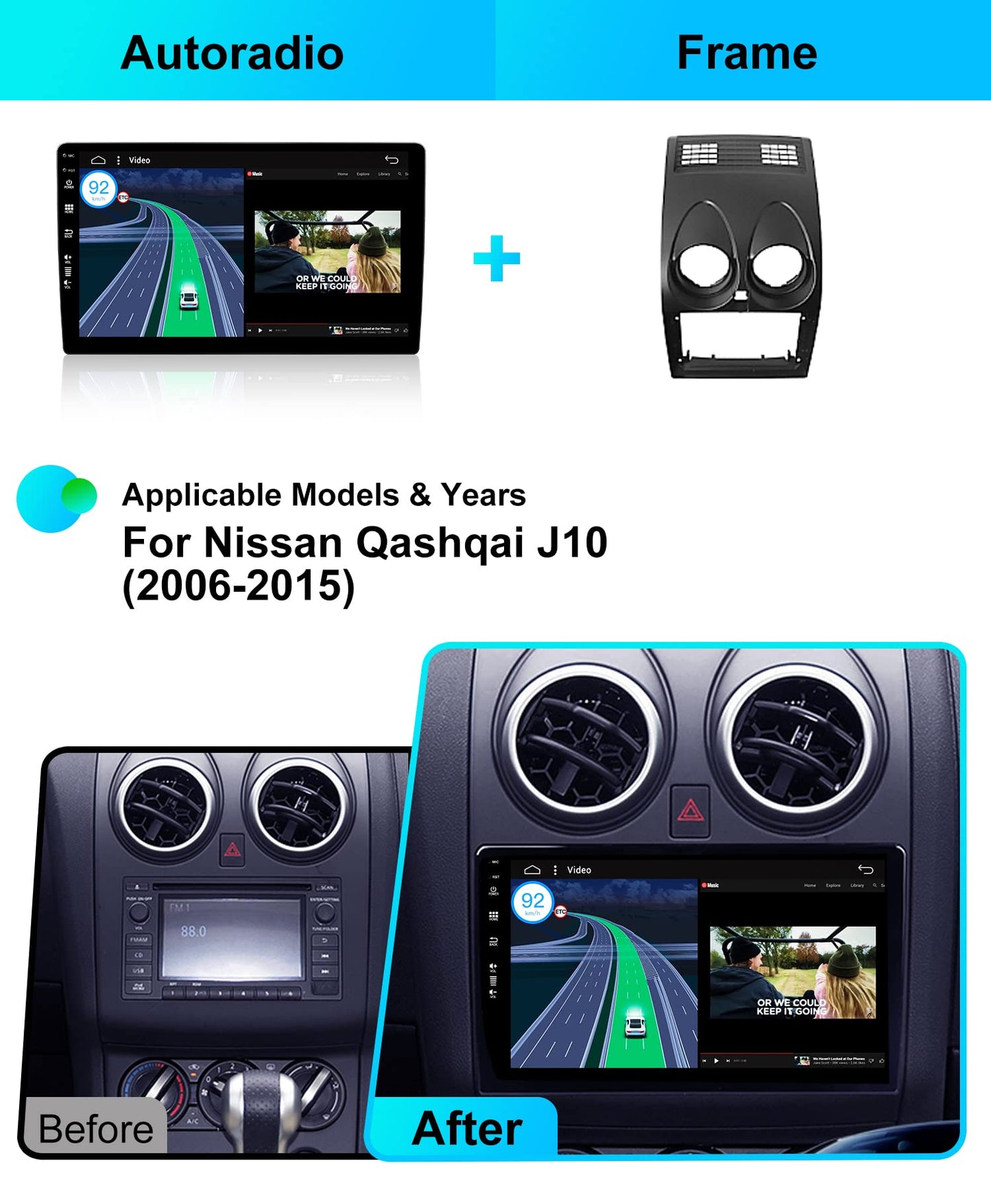 JOYX Android 12 car stereo with IPS 2.5D screen Fits Nissan Qashqai J10 (2006-2015) - 2G+32G - FREE rearview camera - 9 inch 2 Din - Support DAB steering wheel control 4G WiFi Bluetooth Carplay Google