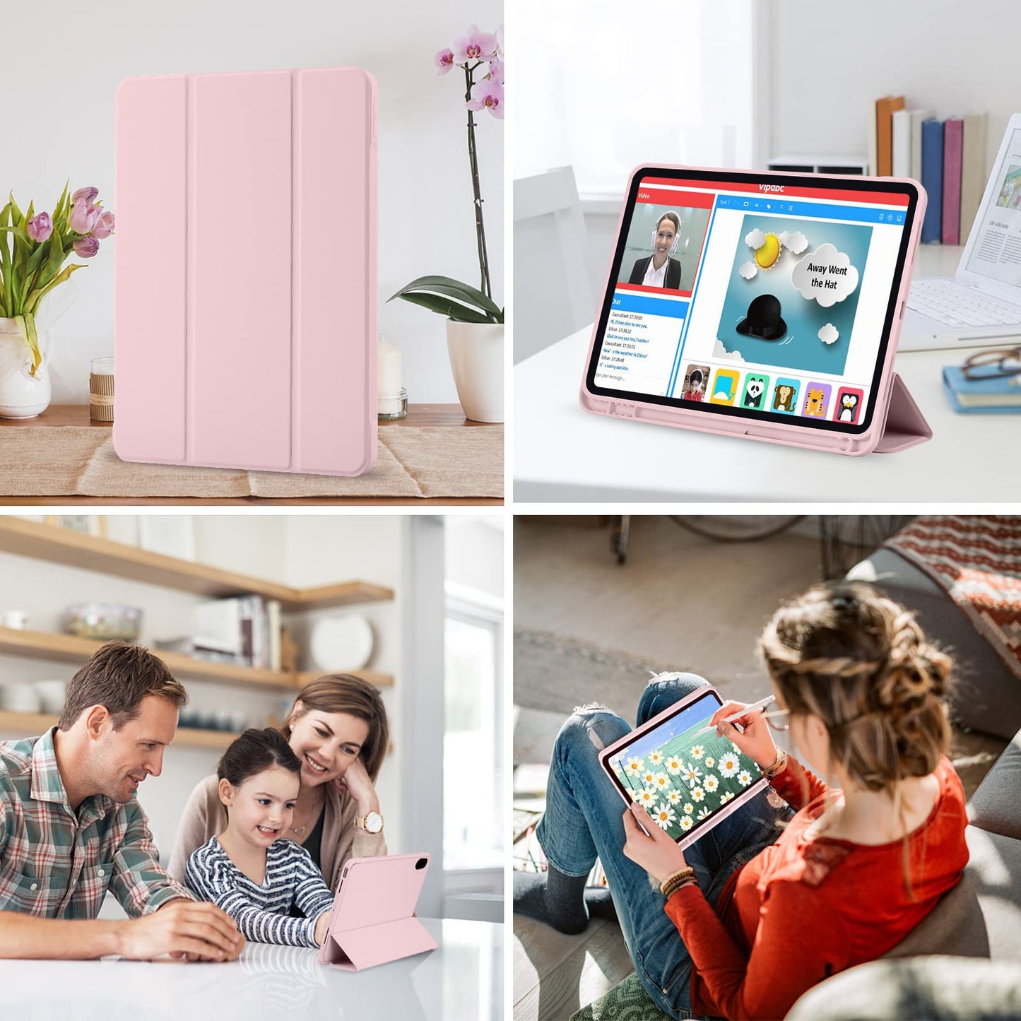Case for iPad 11th Generation 2025 / iPad 10th Generation 2022 (10.9/11 inch) with Pencil Holder, Trifold Stand, Auto Sleep/Wake, Flexible TPU Back, Protective Cover for 11/10 Gen, Pink