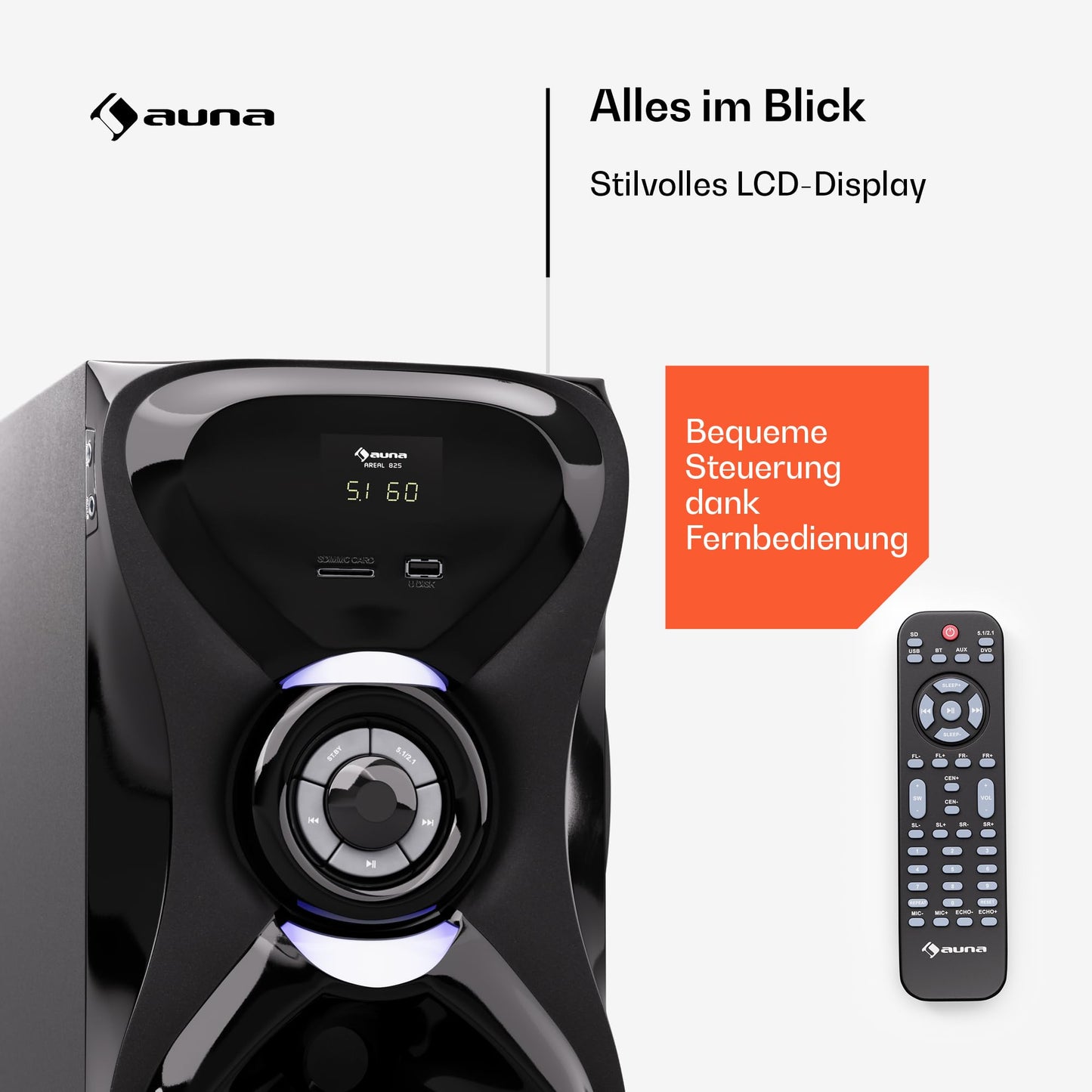 auna Areal 825 5.1 wireless sound system with Bluetooth, 100W subwoofer, and RGB lighting - USB/SD ports, AUX and optical input, home theater speakers with remote control.