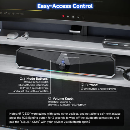 SENZER CS30 PC speakers, speakers for PC computer, black PC soundbar, USB powered, and Bluetooth mode for smartphones and mobile devices. Works for PC (not 3.5mm jack).