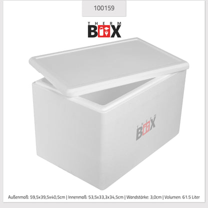 THERM-BOX Styrofoam box 61W Inside: 53x33x34cm Wall: 3cm Volume: 61.5L Insulated box Cooler box Warm-keeping box Reusable