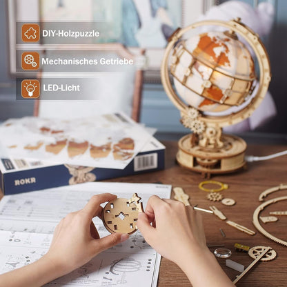 3D wooden puzzle for adults, wooden model light-up globe model kit with LED light. Rotating luminous globe wooden construction set as decoration, gift (180 pieces)