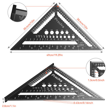 Bevel protractor, carpenter's square, multifunctional metal aluminum square ruler angle guide 30cm carpenter's square joiner's square 45 and 90 degree angles marking gauge.