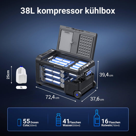 AAOBOSI compressor cooler 38L, car cooler -20°C to 20°C, robust cooler 12V 230V for cars, trucks, boats, RVs, camping, and fishing.