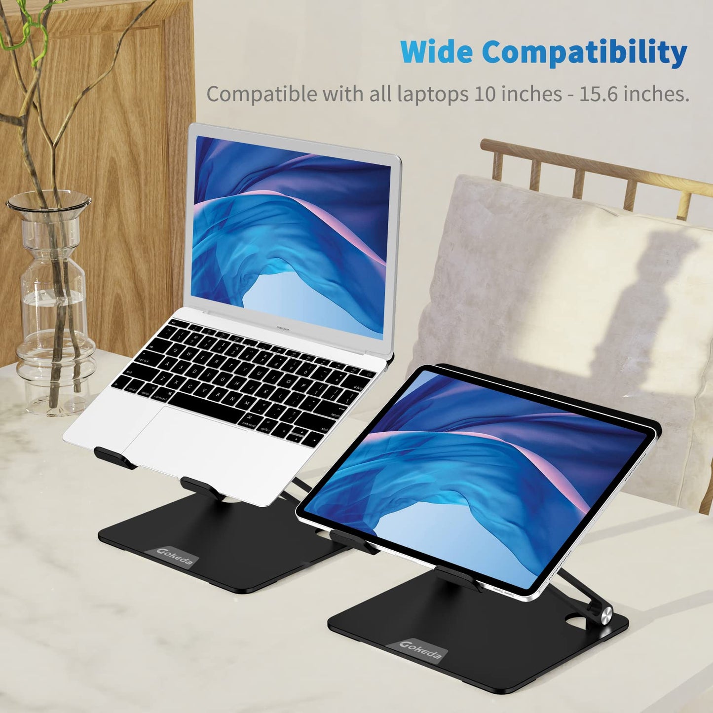 Gokeda Laptop Stand, aluminum ergonomic stand for desk, notebook stand with ventilation opening, compatible with MacBook Air/Pro, Dell, HP, Lenovo, and other 10-15.6" laptops.