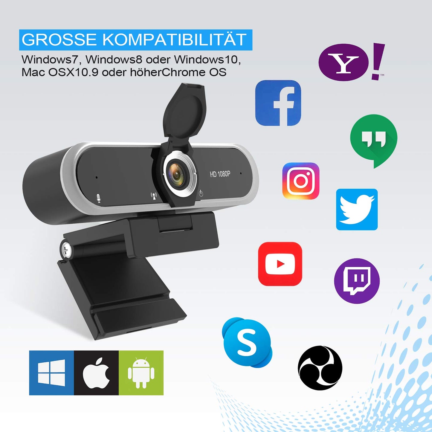 1080P webcam with microphone and webcam cover, tripod, plug & play, with automatic light correction, for laptop, PC, desktop, for live streaming, video calling, conference.