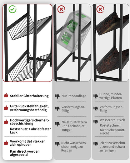 Rainsworth narrow beverage crate shelf in black with metal grid holder, 33W x 50D x 98H cm. Holds 2 crates with adjustable feet. Small beverage shelf.