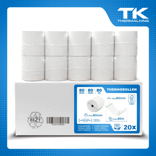 THERMALKING thermal rolls 80mm x 80m x 12mm [for receipt printers like Epson, IBM & co.] - Receipt rolls 80x80x12 thermal - Cash register thermal paper rolls - Suitable for printing systems with paper requirements up to 80m (20 pcs)