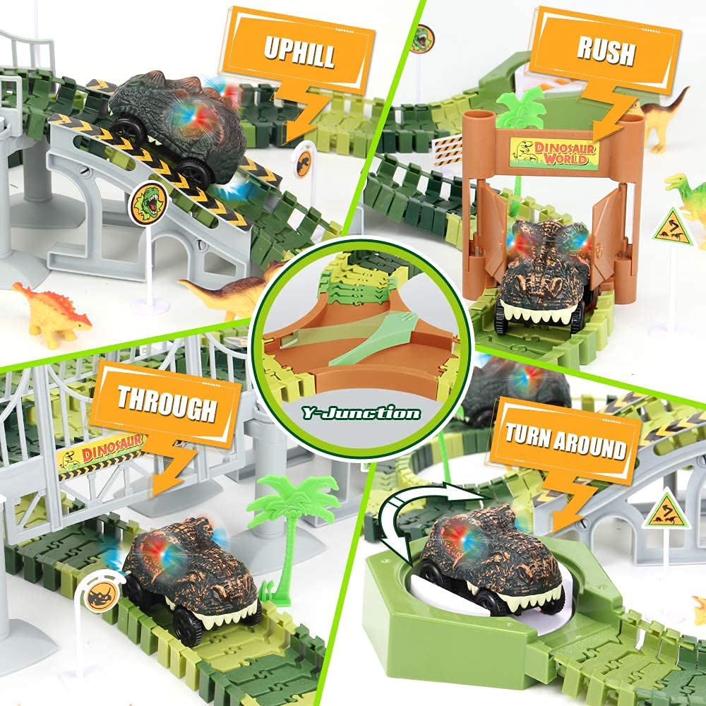 174-Piece Race Track Toys Flexible Train Tracks with 8 Dinosaur Figures, 2 Electric Race Car Vehicles Playset with Lights World Racing for Toddlers, Kids, Boys