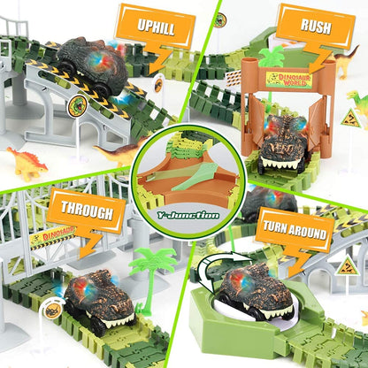 174-Piece Race Track Toys Flexible Train Tracks with 8 Dinosaur Figures, 2 Electric Race Car Vehicles Playset with Lights World Racing for Toddlers, Kids, Boys