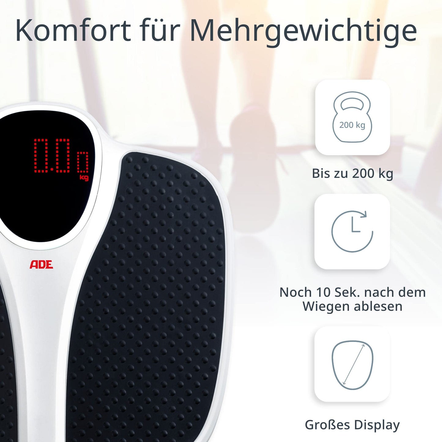 ADE digital personal scale up to 200 kg | extra wide weighing surface with non-slip rubber mat | bathroom body scale with large display | professional scale with high weight capacity
