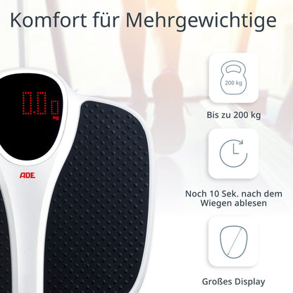 ADE digital personal scale up to 200 kg | extra wide weighing surface with non-slip rubber mat | bathroom body scale with large display | professional scale with high weight capacity