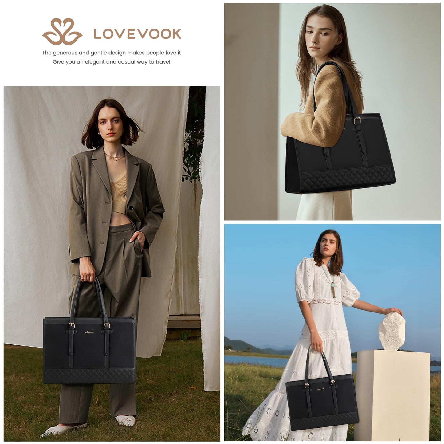 LOVEVOOK 15.6 inch Laptop Bag for Women, Work Tote Bag Teacher Bag Briefcase Medium, Shopper Handbags for Women, Large School Bag, Tote Bag Business Bag for Office College Work, Black
