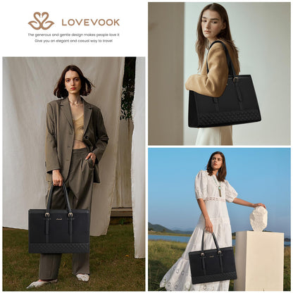 LOVEVOOK 15.6 inch Laptop Bag for Women, Work Tote Bag Teacher Bag Briefcase Medium, Shopper Handbags for Women, Large School Bag, Tote Bag Business Bag for Office College Work, Black