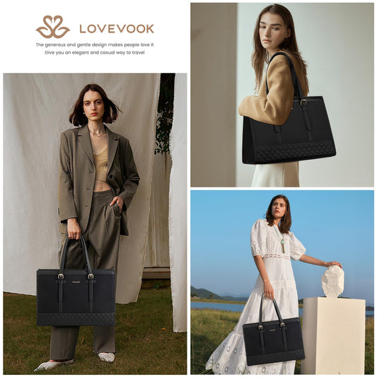 LOVEVOOK 15.6 inch Laptop Bag for Women, Work Tote Bag Teacher Bag Briefcase Medium, Shopper Handbags for Women, Large School Bag, Tote Bag Business Bag for Office College Work, Black