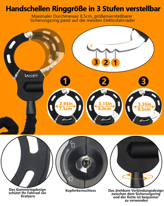 E-scooter lock, handcuff lock with key, lock for e-scooter with rubber lock sleeve, bike lock high security, 90cm, ideal for e-scooter, bike, stroller (key lock A)