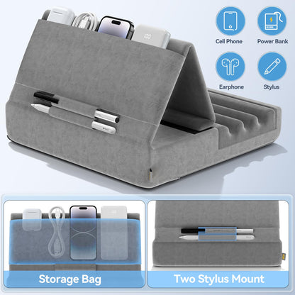 KDD Tablet Holder Pillow, Foldable iPad Stand for Lap Bed Desk - Tablet Soft Pillow Holder with Pocket & Stylus Holder for iPad Pro 12.9 10.5 9.7 Air Mini 6 5 4 E-Reader Gray
