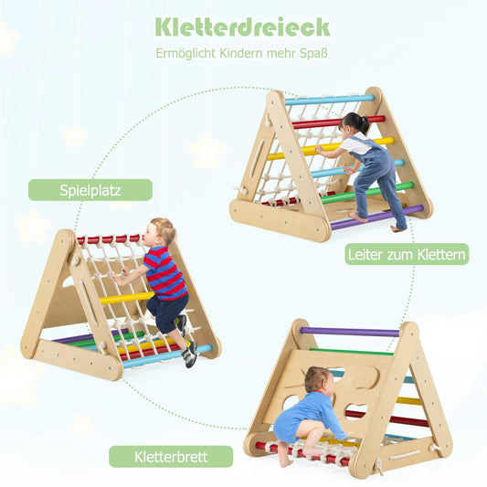 GOPLUS 3 in 1 climbing triangle with slide, climbing frame with ladder & net & board for children, indoor wooden toy for toddlers from 1 year, Triangle Gym with ramp for children's room (Colorful)