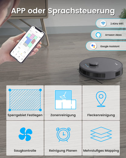 LEFANT robot vacuum with mopping function, 5500Pa suction power, 200min runtime, multi-floor mapping, with No-Go zones, ideal for pet hair, carpets, and hard floors.