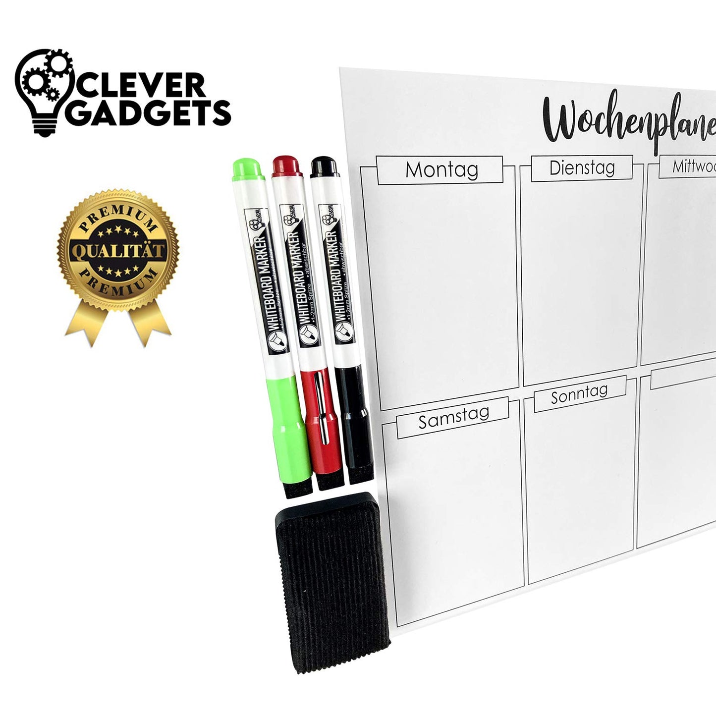 Clever Gadgets magnetic weekly planner + 3 whiteboard markers & eraser/ 38cm x 26cm/ wipeable/ fridge planner/ fitness planner/ magnet planner