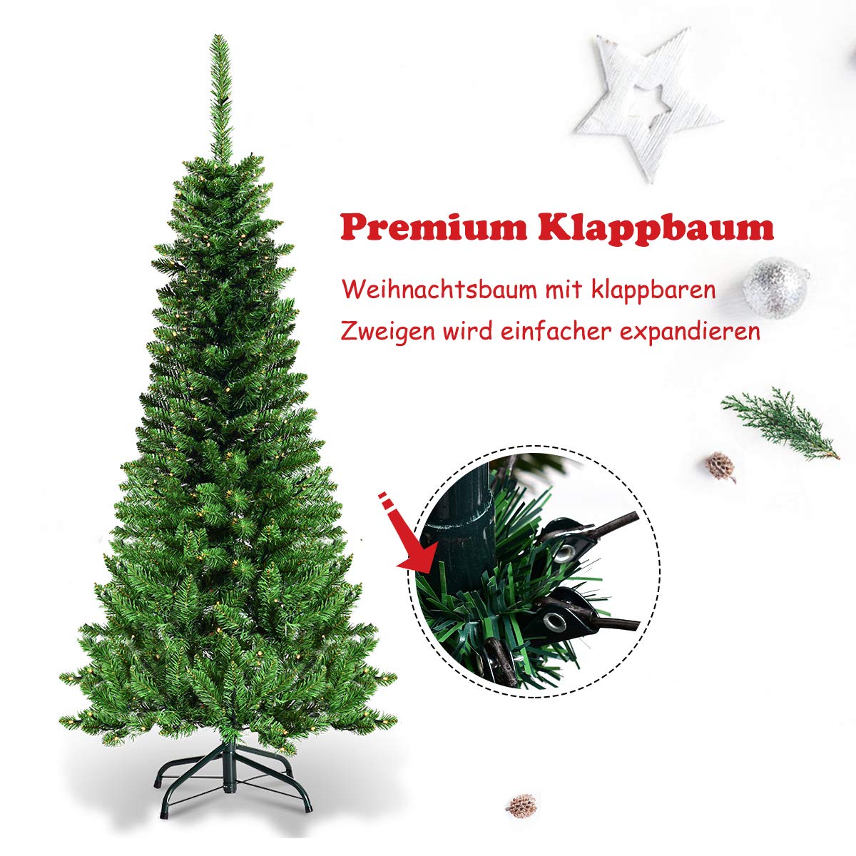COSTWAY 135/200/225cm pencil Christmas tree with warm white LED lights, artificial fir tree with folding system and metal stand, PVC needles, green artificial Christmas tree (135cm)