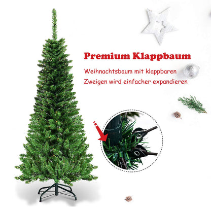 COSTWAY 135/200/225cm pencil Christmas tree with warm white LED lights, artificial fir tree with folding system and metal stand, PVC needles, green artificial Christmas tree (135cm)