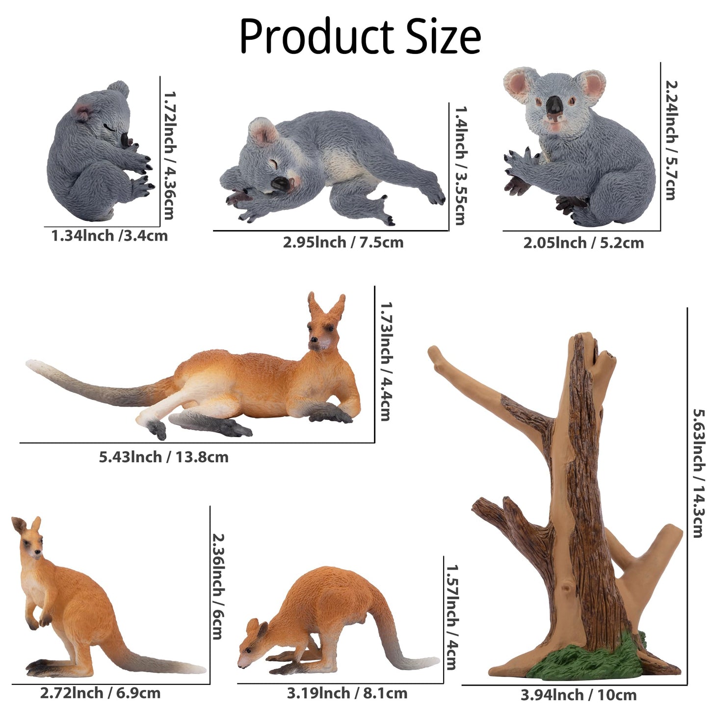 TOYMANY 7pcs Australian Wild Animals Figure Set, Safari Playset Jungle Animal Figures Kangaroo Koala Plastic Zoo Jungle Forest Toy for Play or Decoration.