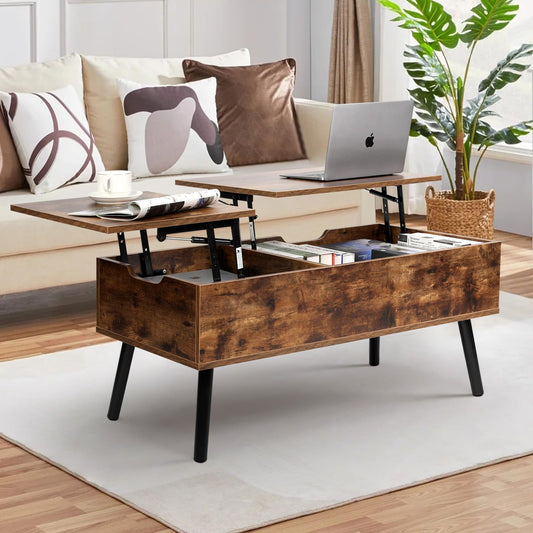 VOWNER Coffee Table, Adjustable Height Coffee Table, Extendable, Retractable Living Room Table, Separate Hidden Storage Compartment, Double Lift Top, Side End Table, Vintage Brown