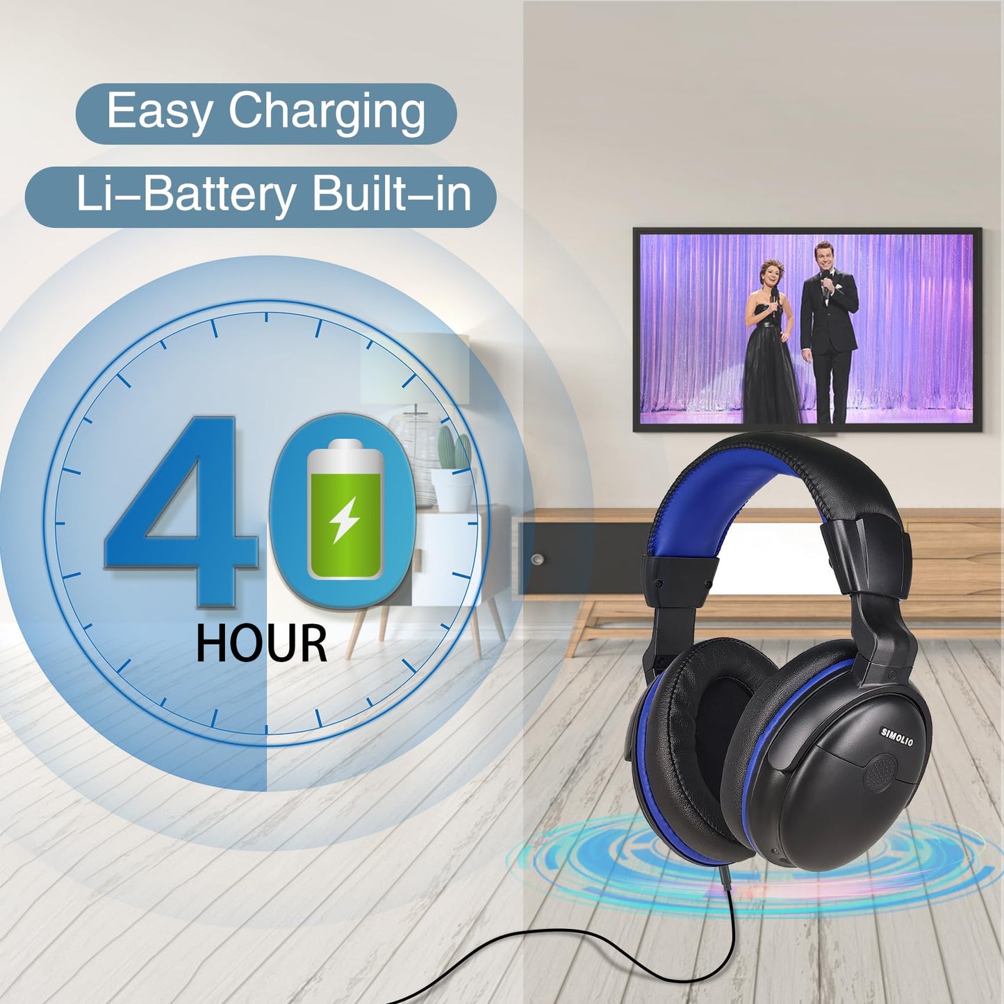 SIMOLIO TV headphones with long cable, over-ear headset for TV with sound amplification, tone and volume controls, 18ft coiled cable with clip, 3.5mm AUX & RCA audio, 40 hours playback time, SM-905TV.