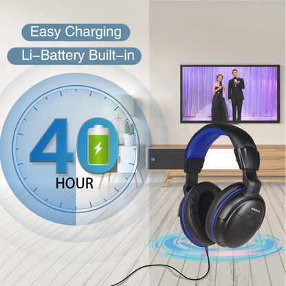SIMOLIO TV headphones with long cable, over-ear headset for TV with sound amplification, tone and volume controls, 18ft coiled cable with clip, 3.5mm AUX & RCA audio, 40 hours playback time, SM-905TV.