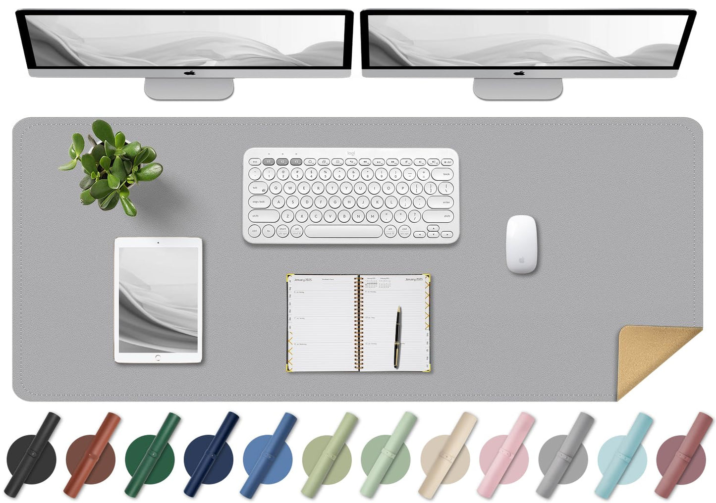 BLESWIN Desk Pad - Double-sided cork and leather desk pad, mouse & keyboard mat, non-slip desk protector for computer and laptop (light gray, 140x43CM)