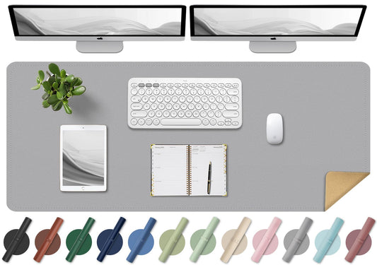 BLESWIN Desk Pad - Double-sided cork and leather desk pad, mouse & keyboard mat, non-slip desk protector for computer and laptop (light gray, 140x43CM)