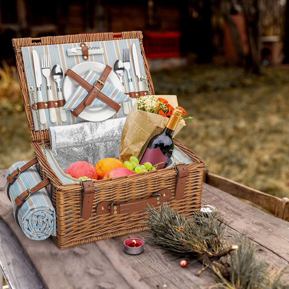 HappyPicnic Wicker Picnic Basket for 4 people, Willow Storage Hamper Service Gift Set for Camping and Outdoor Party (M for 2 Persons)