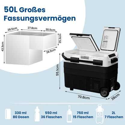 WOLTU compressor cooler electric freezer box 50L dual zone with app control USB port, 12 V/24 V, mini fridge freezer cooling up to -20°C for car boat camping, with adapter for cooler box
