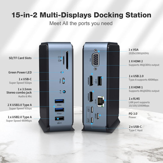 Tymyp USB C Docking Station 15 in 2-2 * 4K HDMI, VGA for Dual Monitor, Dual USB C Port Cable, PD 100W for MacBook, and 4* USB A, USB C 3.0, SD/TF, Audio, Ethernet for Thunderbolt 3, MacBook M1