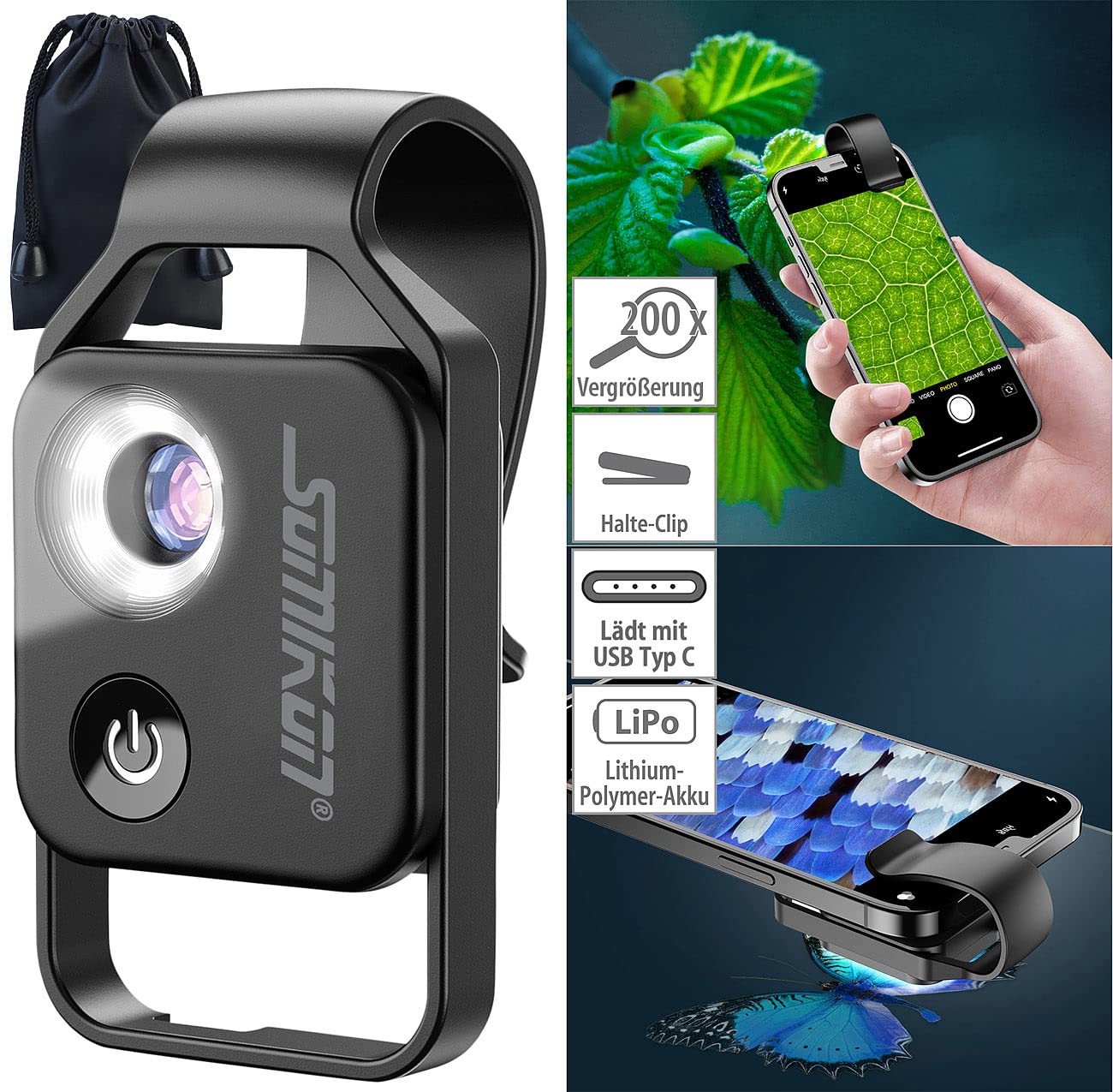 Somikon Mobile Microscope: Microscope attachment lens for smartphones, 200x magnification, 6 LEDs (smartphone magnifier, pocket microscope, iPad holder)