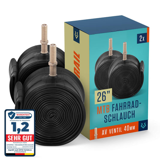 Alphatrail MTB bicycle tube 26 inch Schrader valve 2X set with emergency mobility guarantee I Compatible with bike tires Schwalbe, Continental, etc. I Bicycle tube.