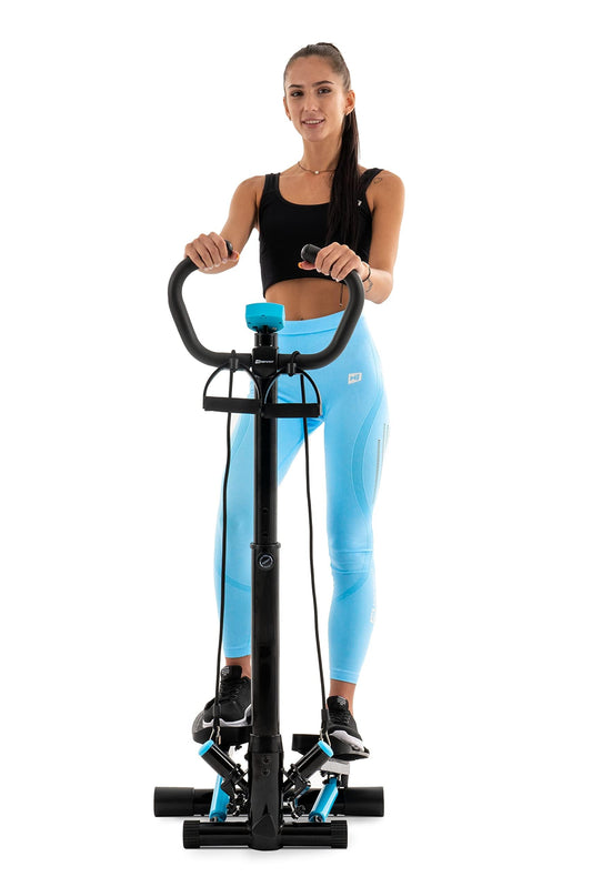 Hop-Sport stepper noble blue with handlebar, training computer & expanders for home, stable & compact, ideal for fitness & cardio workouts, max. user weight 100 kg.