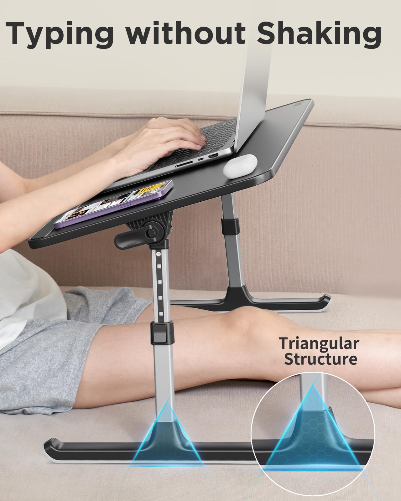 "SAIJI Laptop Table for Bed, Adjustable Height, Angle, Folding Legs, Sled Feet, PVC Leather Tabletop, Compatible with Laptops up to 17 Inches (Black, 52*30cm)"