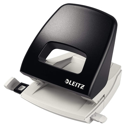 tesa Easy Cut Orca desk dispenser (non-slip, clean cut with 1 roll of tesafilm crystal-clear 10m:19mm) & Leitz NeXXt hole punch, 25 sheets, paper guide with measurements, Metal, Black