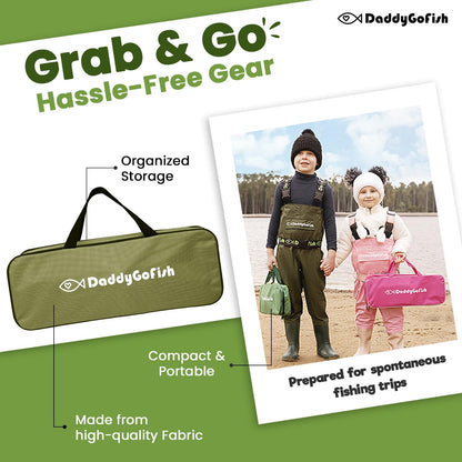 DaddyGoFish Kids Fishing Kit - Telescopic Rod & Reel Combo with Folding Chair, Rod Holder, Tackle Box, Bait Net, and Carry Bag for Boys and Girls - Green, 5ft