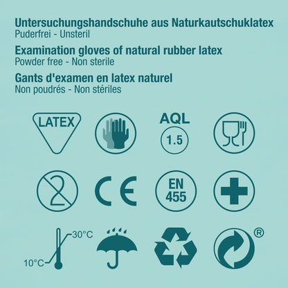 1,000 pieces of latex examination gloves, size selectable: S, M, L, XL Disposable gloves 10 boxes of 100 pieces each size M