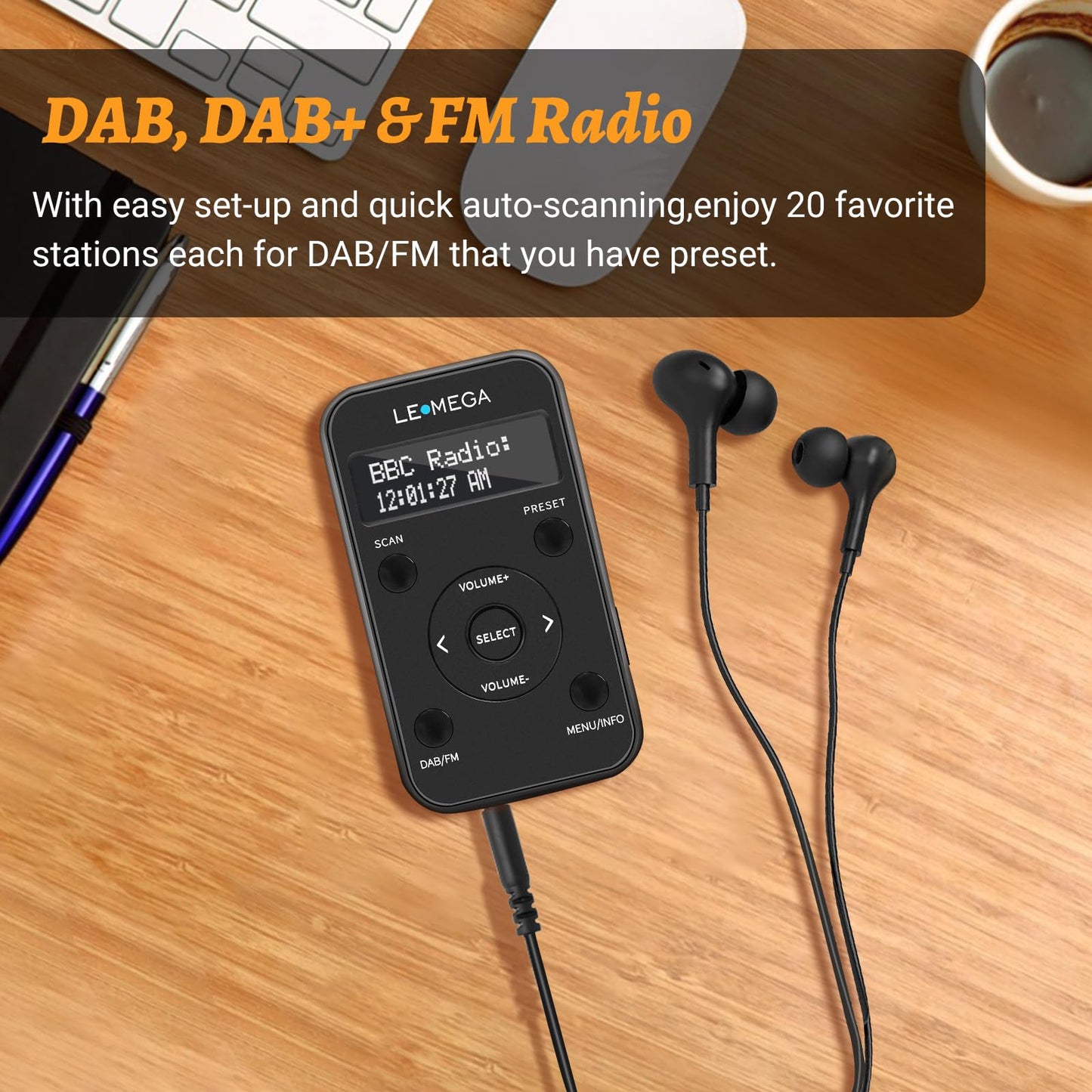 LEMEGA PR1L portable DAB/FM radio with rechargeable battery, 20 preset stations, LCD display, and headphones included. Sporty design with lockable switch, black color.