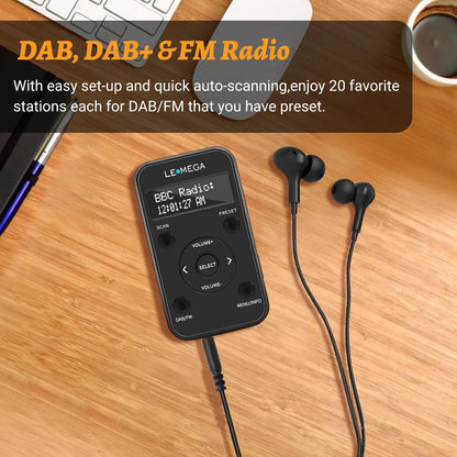 LEMEGA PR1L portable DAB/FM radio with rechargeable battery, 20 preset stations, LCD display, and headphones included. Sporty design with lockable switch, black color.