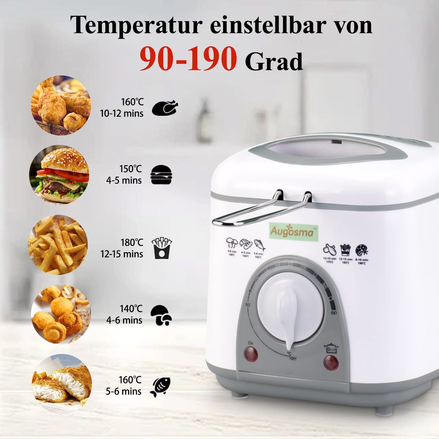 Augosma Mini Deep Fryer With Oil | 850-950W | Capacity: 1 Liter | Viewing Window | Stainless Steel Frying Basket | Adjustable Temperature | Heat Insulated | Non-Slip Rubber Feet | White
