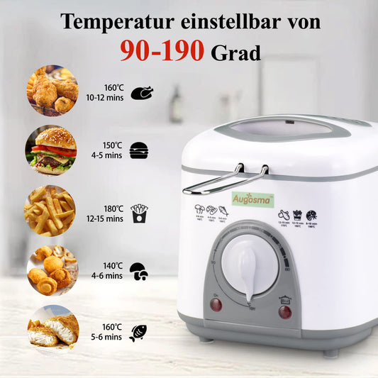 Augosma Mini Deep Fryer With Oil | 850-950W | Capacity: 1 Liter | Viewing Window | Stainless Steel Frying Basket | Adjustable Temperature | Heat Insulated | Non-Slip Rubber Feet | White