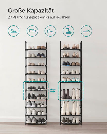 SONGMICS Shoe Rack, 10 Tiers, Shoe Shelf, Shoe Storage, Narrow, 28 x 45 x 173 cm, Metal Frame, Shelves with Non-Woven Fabric, for Entryway, Bedroom, Black LSH010B02